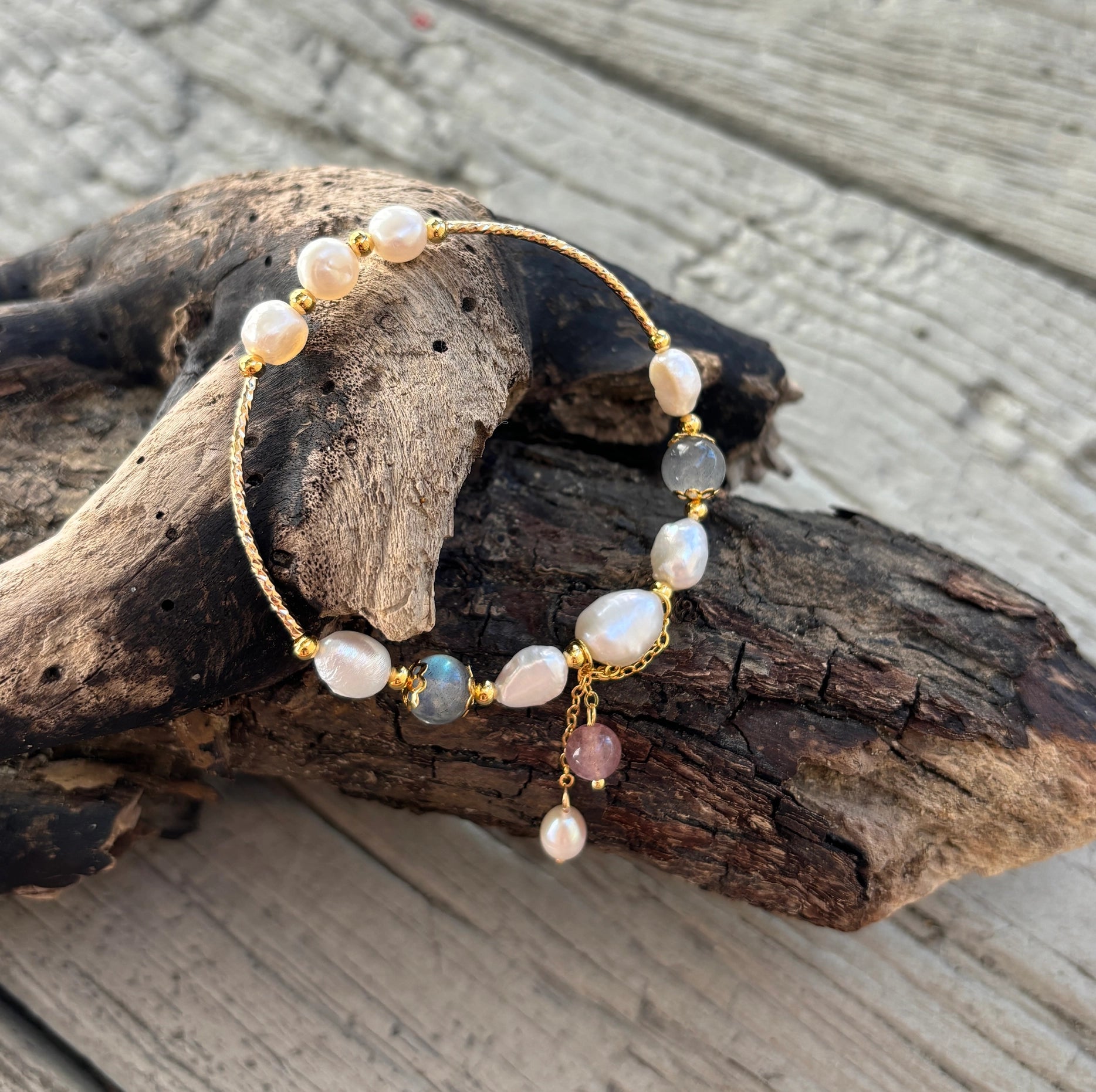 14ct Gold Plated Fresh Water Pearl Moonstone Elastic Bracelet image 0