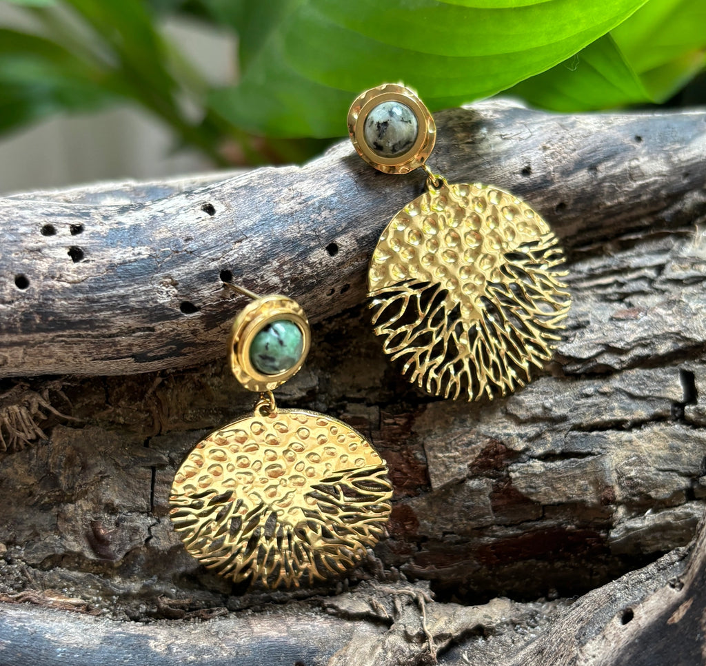 18ct Gold Plated African Turquoise Hammered Drop Earrings image 0