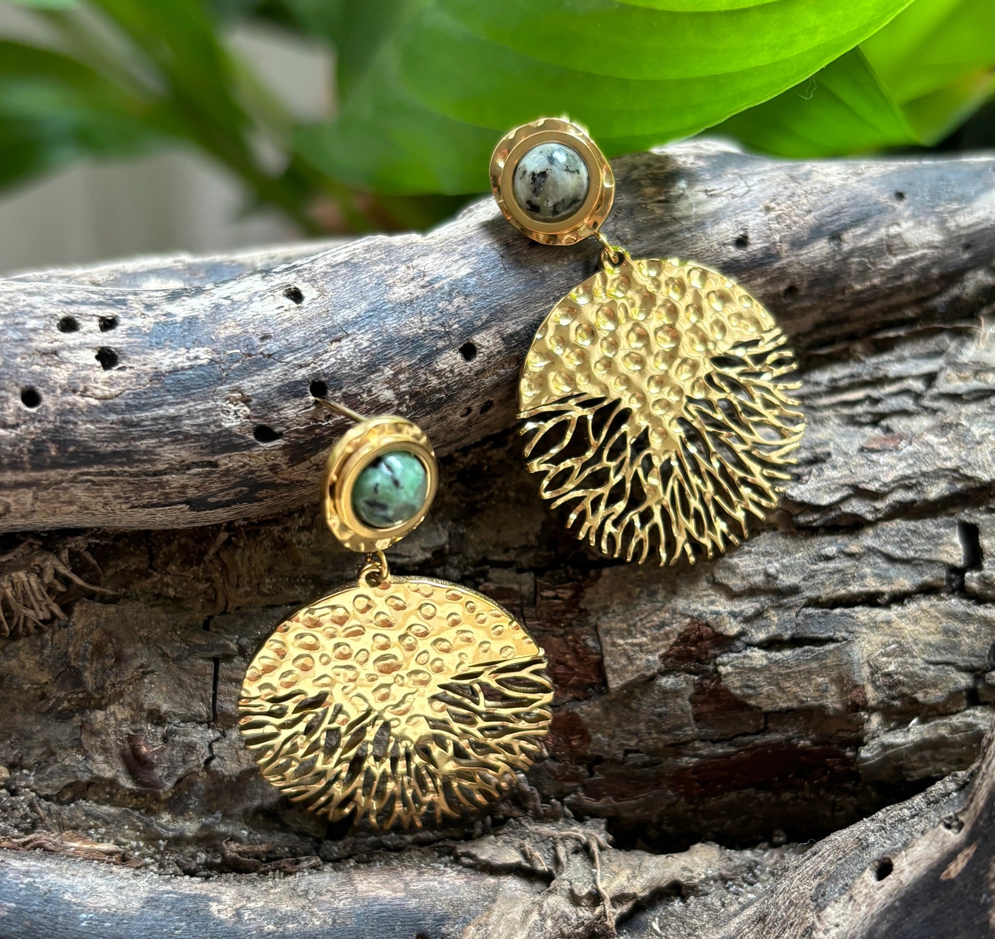 18ct Gold Plated African Turquoise Hammered Drop Earrings image 0