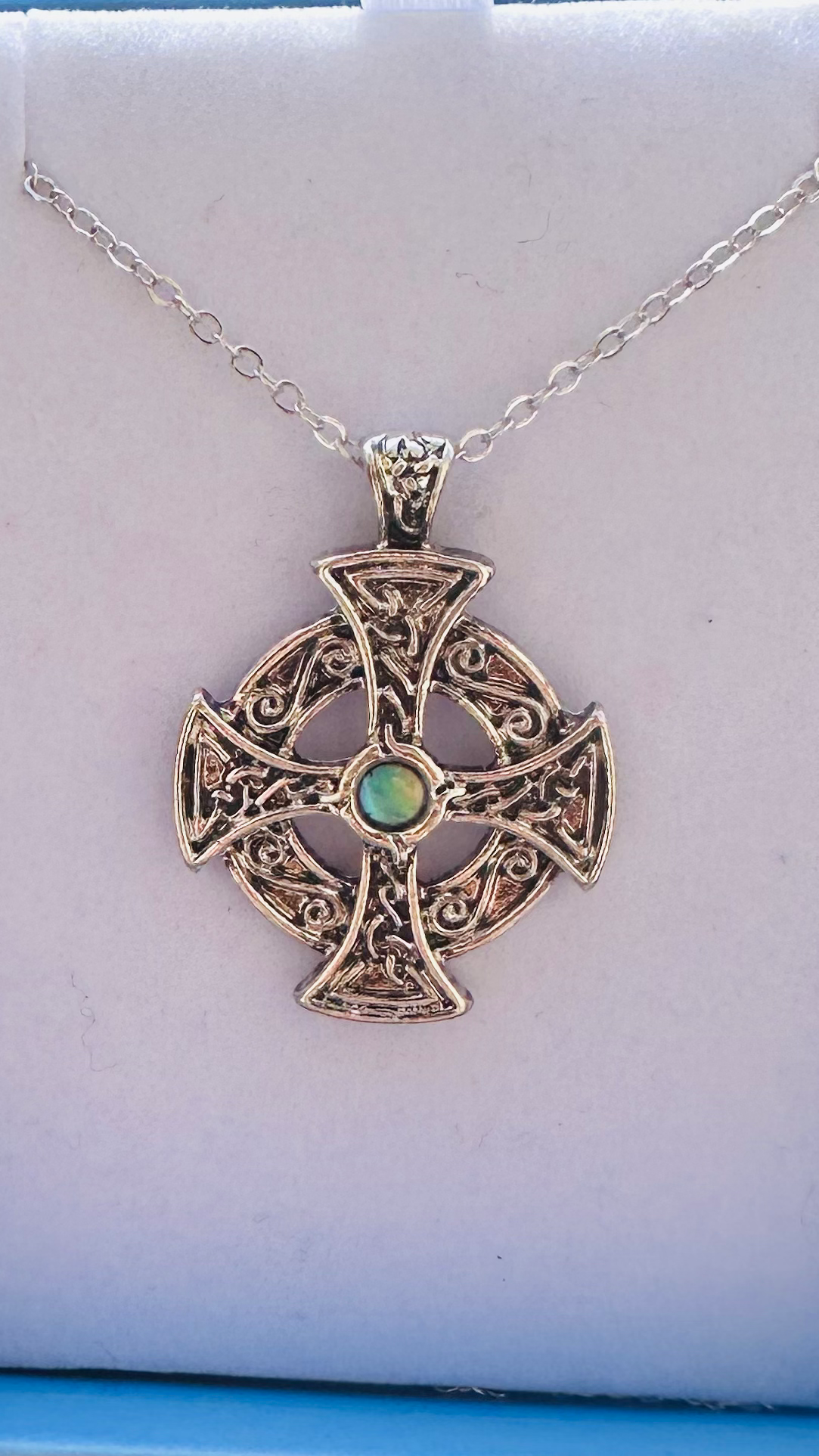 Celtic Cross Necklace of Paua Shell, Rhodium plated  image 0