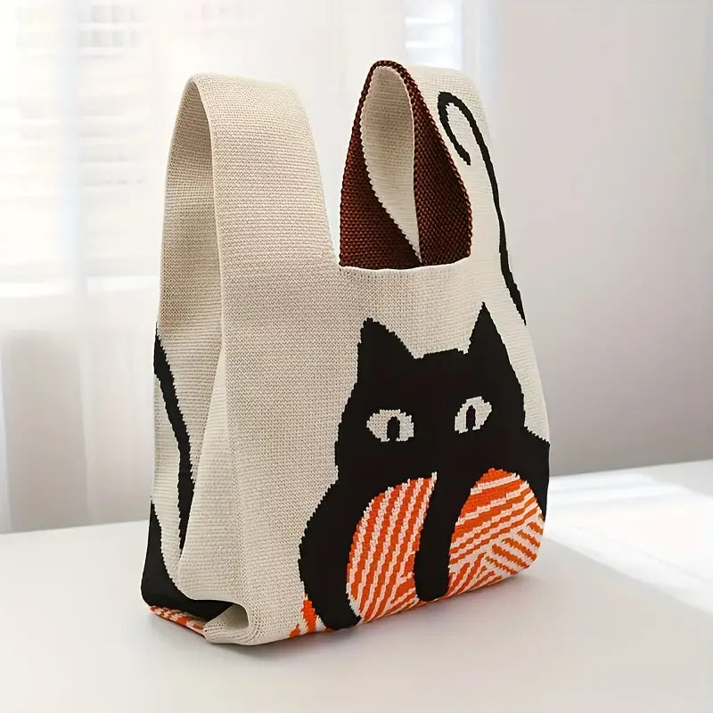Casual Cat Pattern Jacquard Satchel Bag image 0