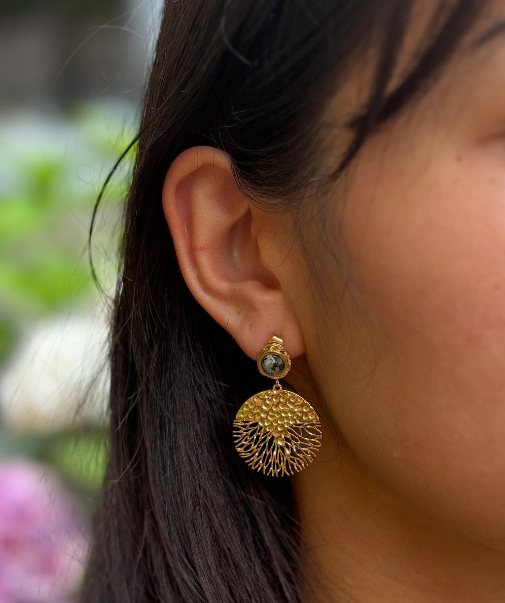 18ct Gold Plated African Turquoise Hammered Drop Earrings image 1