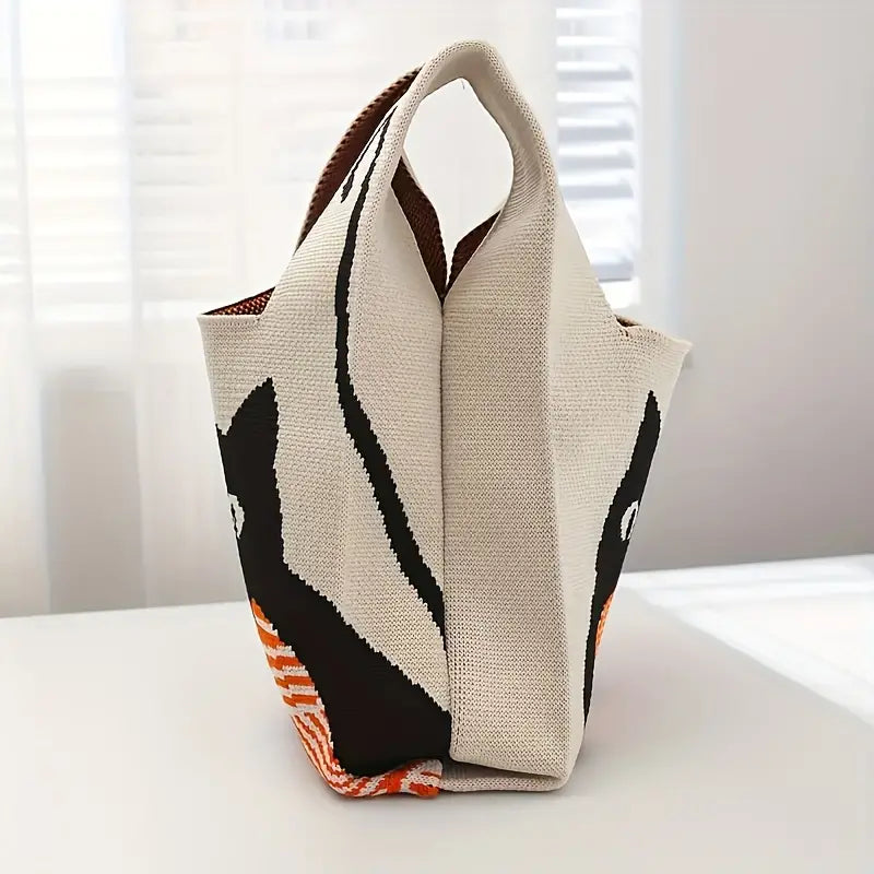 Casual Cat Pattern Jacquard Satchel Bag image 2