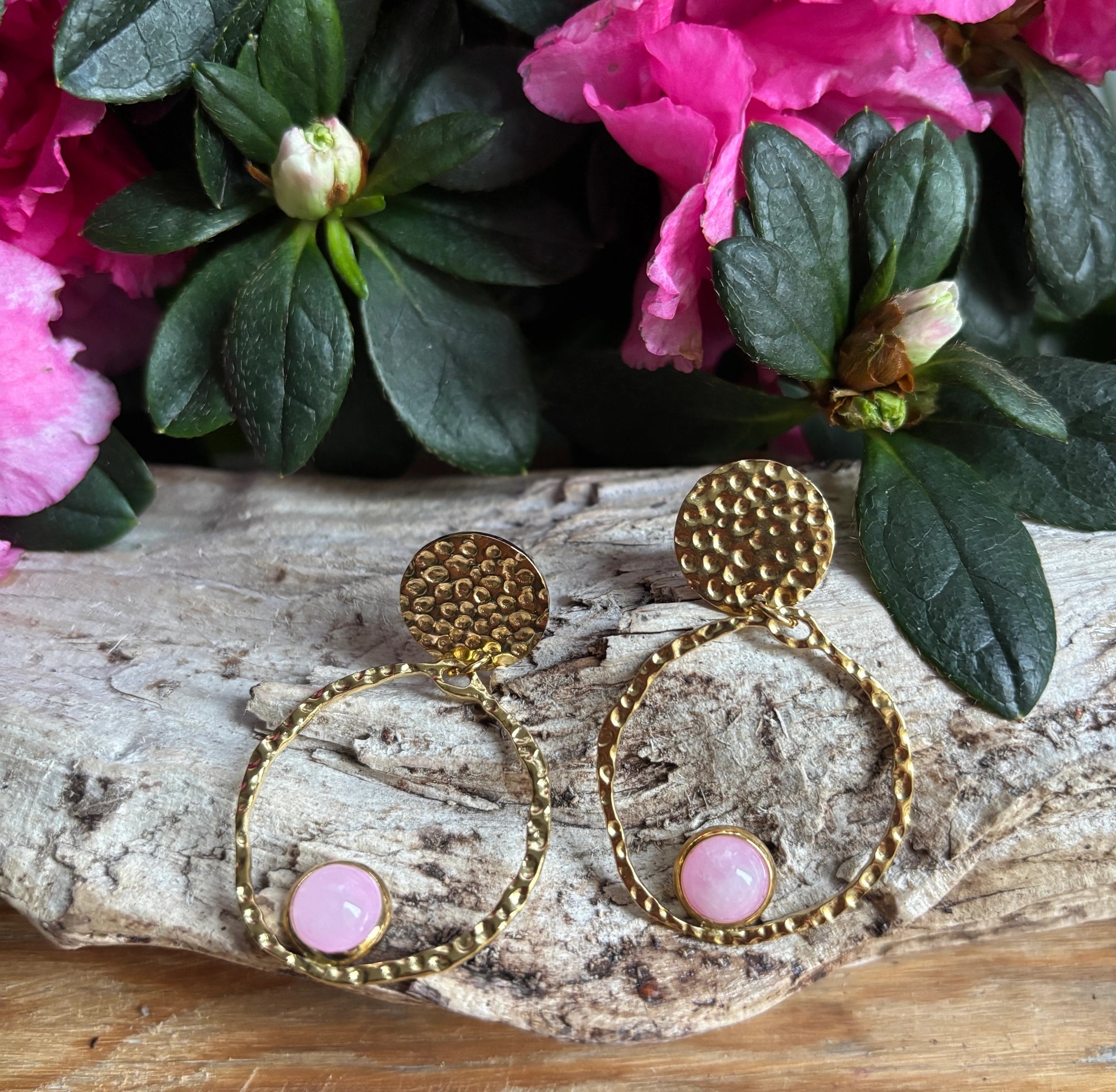 18ct Gold Plated Gold Circle Rose Quartz Hoop Earrings image 0