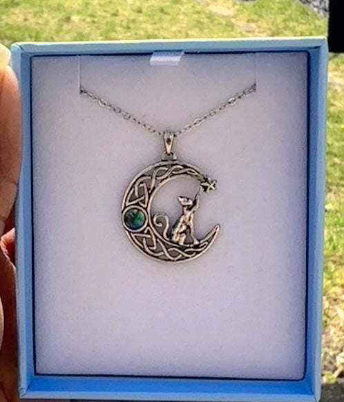 Celtic Moon Cat Necklace of Paua Shell, Rhodium Plated image 0