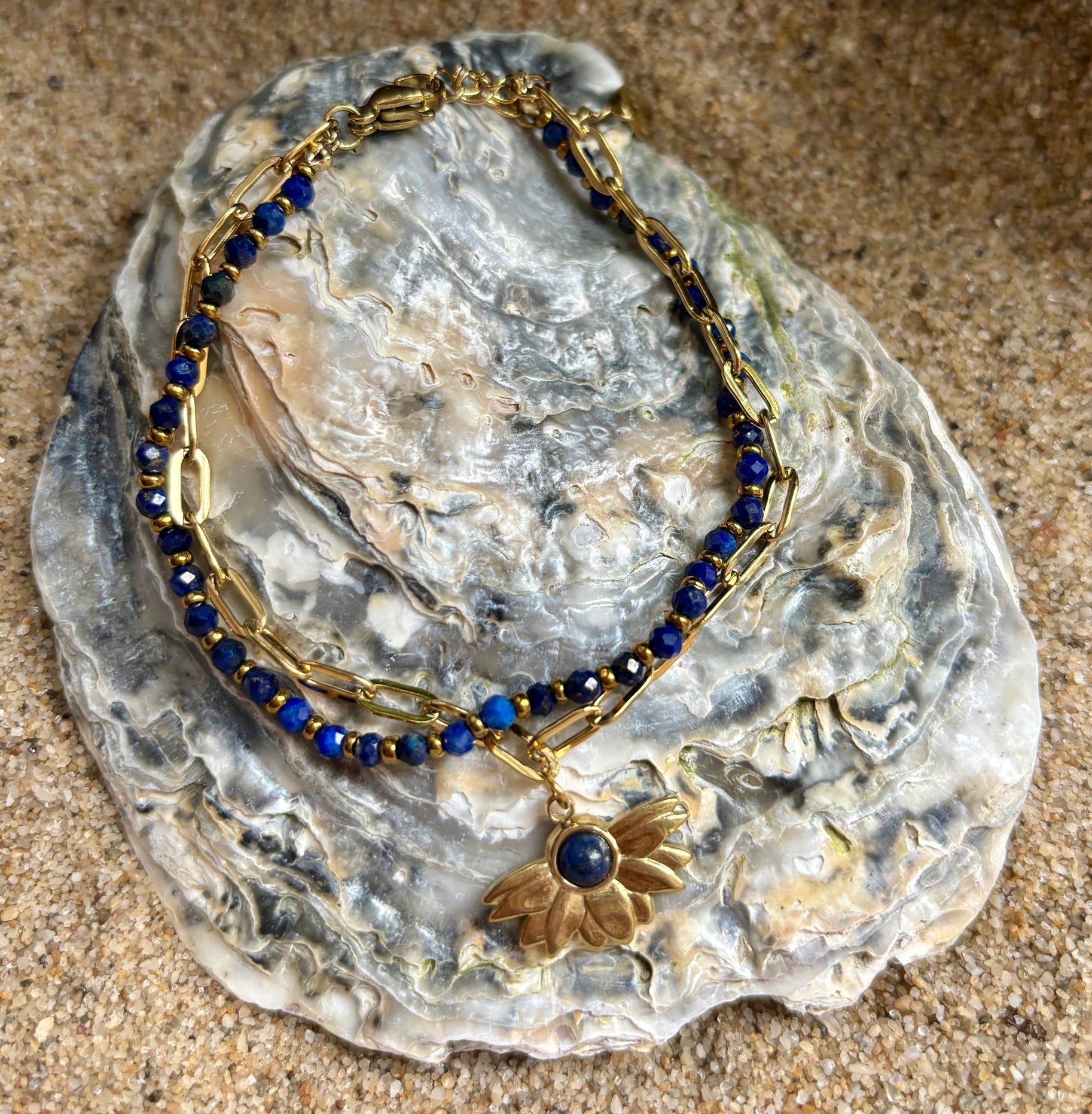 18ct Gold Plated Lapis Lazuli Double Chain Bracelet image 1